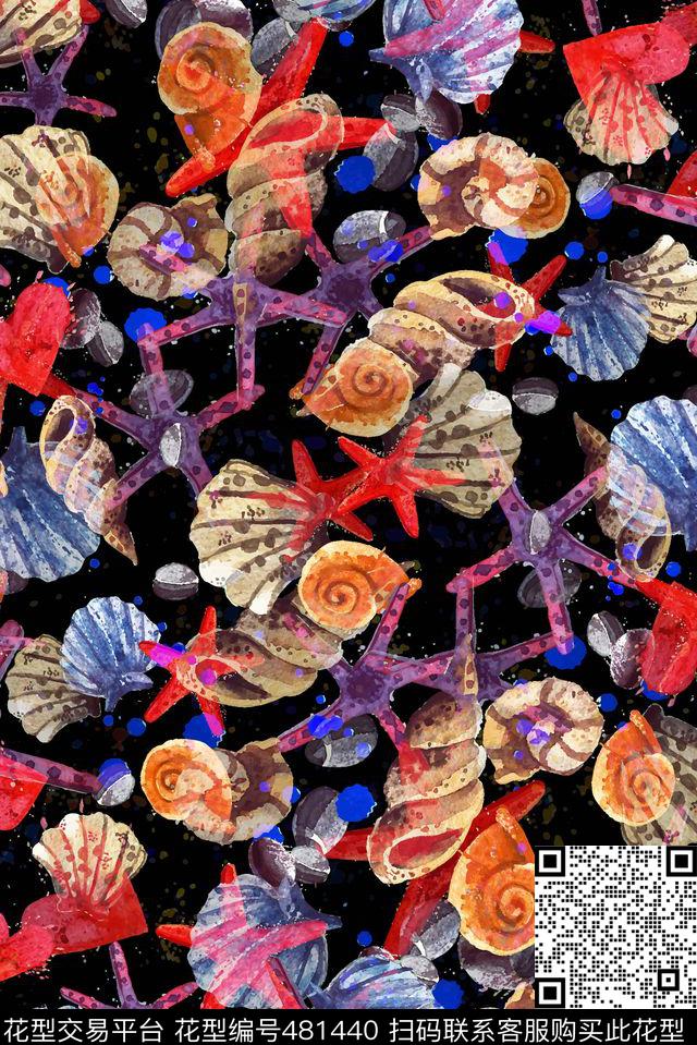 涂鸦水彩卡通海星贝壳 - 481440 - 涂鸦 水彩 海星 - 数码印花花型 － 女装花型设计 － 瓦栏