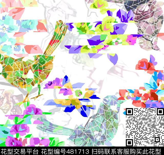 断层花鸟 - 481713 - 动物 鸟 切割花卉 - 数码印花花型 － 床品花型设计 － 瓦栏