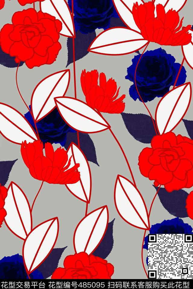 流行配色手绘简笔植物 - 485095 - 简笔植物 流行配色 手绘花卉 - 传统印花花型 － 女装花型设计 － 瓦栏