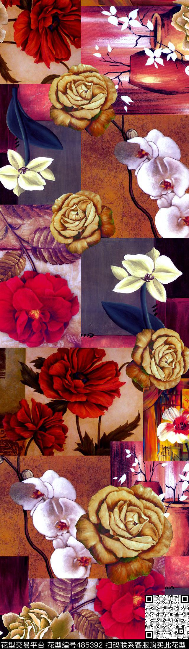 几何格子抽象花卉拼接 - 485392 - 抽象 花卉 格子 - 数码印花花型 － 女装花型设计 － 瓦栏