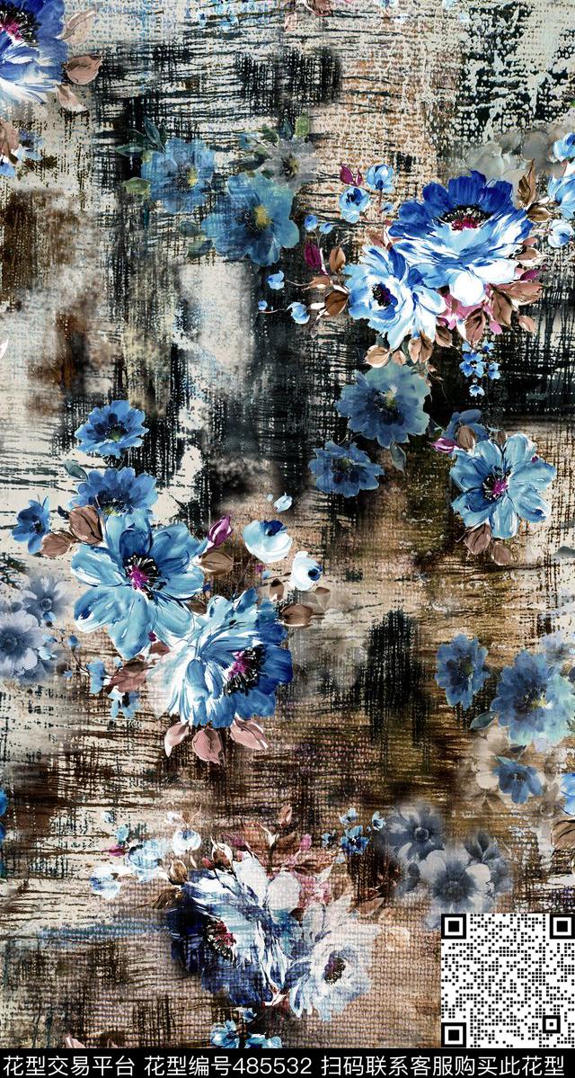 中国风黑色麻布肌理底纹云彩晕染手绘蓝色花卉 - 485532 - 写意 花卉 中国风 - 数码印花花型 － 女装花型设计 － 瓦栏