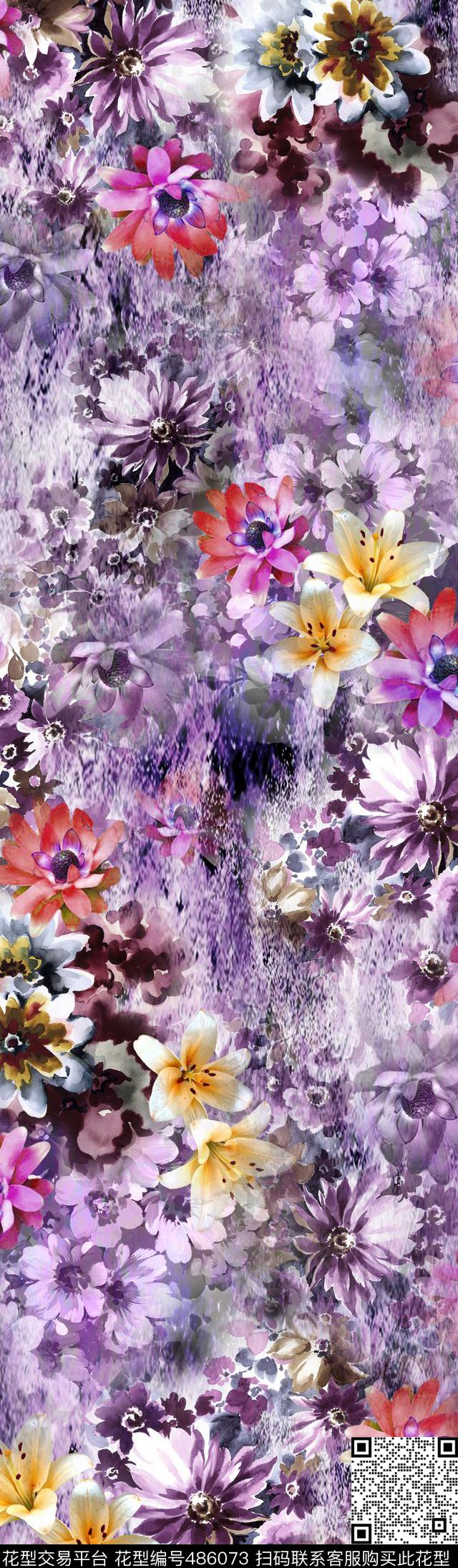 紫色系肌理底纹多种写意手绘花卉 - 486073 - 写意 花卉 紫色 - 数码印花花型 － 女装花型设计 － 瓦栏