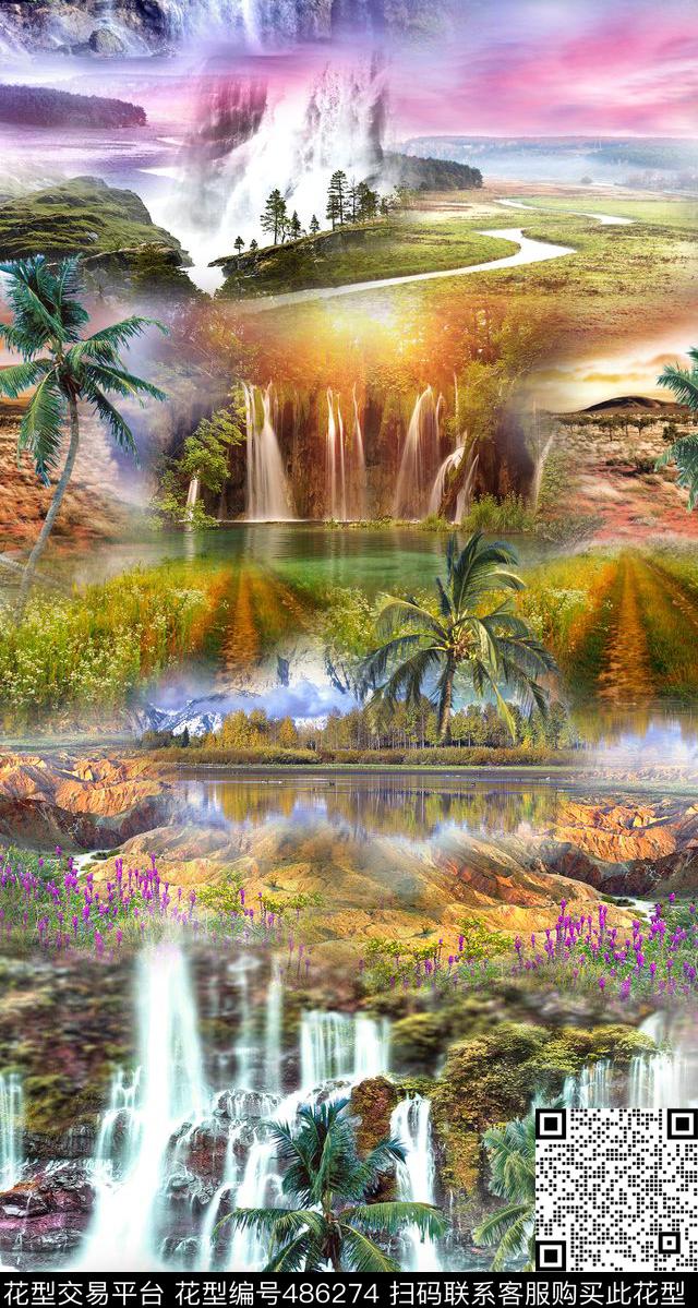3806梦幻热带风景 - 486274 - 热带 椰树 河流 - 数码印花花型 － 女装花型设计 － 瓦栏