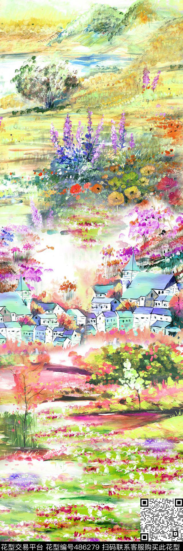 3829梦幻童话写意手绘多彩水彩花卉建筑风景 - 486279 - 手绘 花卉 建筑 - 数码印花花型 － 女装花型设计 － 瓦栏