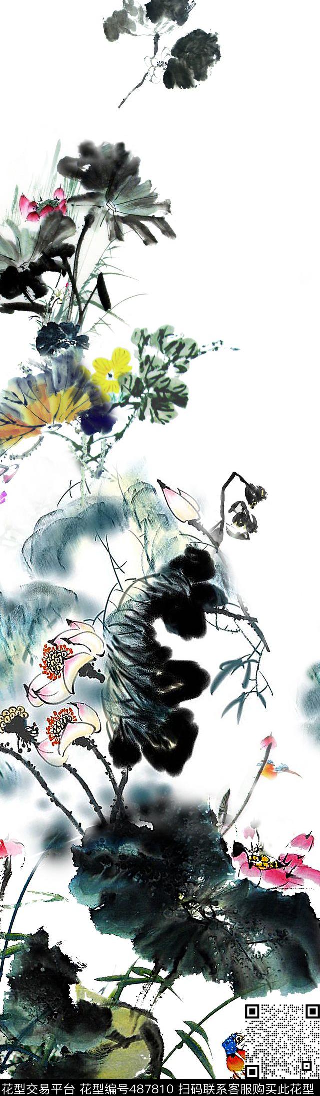 9062中国风国画水墨荷花 - 487810 - 单边定位 花卉 水墨 - 数码印花花型 － 女装花型设计 － 瓦栏