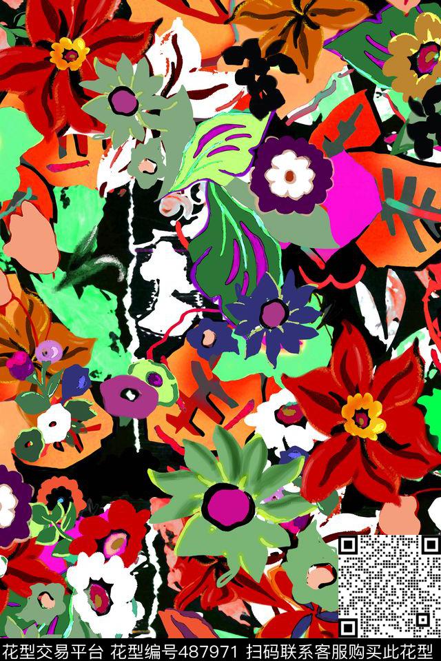民族风花朵 - 487971 - 花朵 满版花卉 民族风 - 数码印花花型 － 女装花型设计 － 瓦栏
