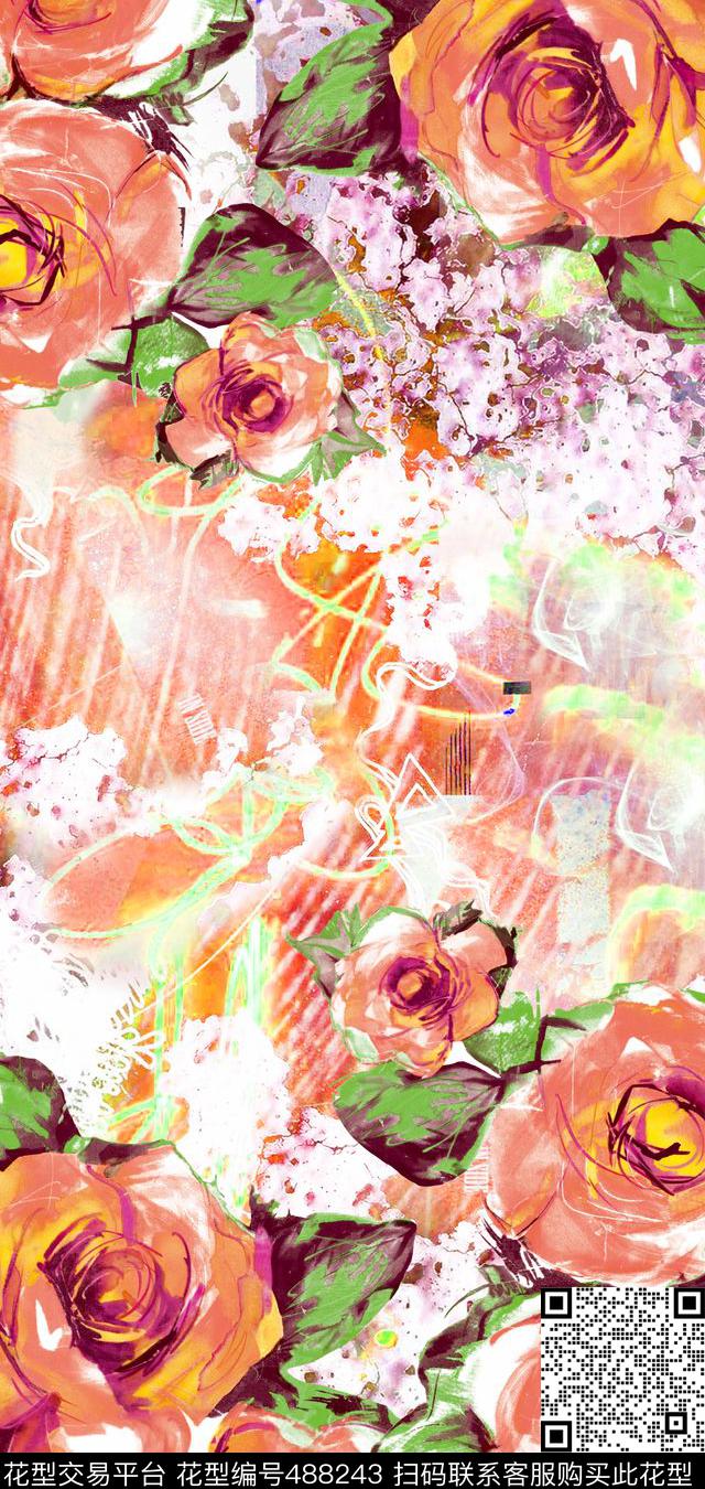 潮流时尚欧美风格幻彩底纹花卉印花 - 488243 - 花卉 潮流大牌 碎花线条梦幻底纹 - 数码印花花型 － 其他花型设计 － 瓦栏