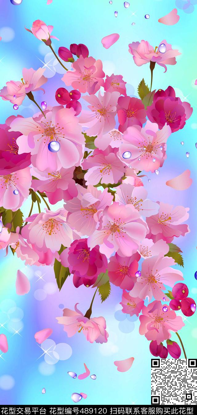 原创时尚多彩樱花印花 - 489120 - 女装 潮流大牌 手绘樱花 - 数码印花花型 － 其他花型设计 － 瓦栏