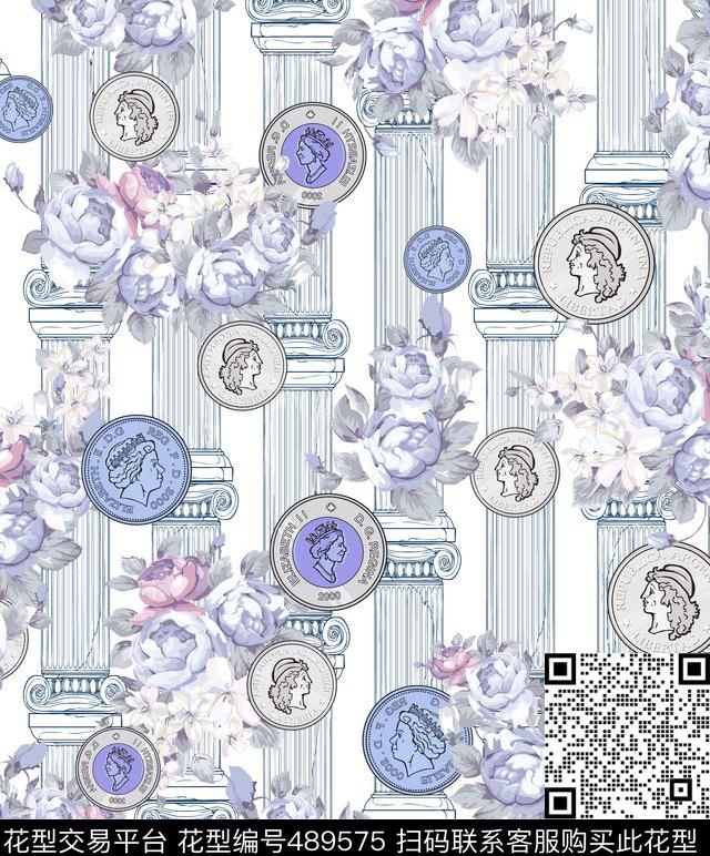 时尚大牌印花 - 489575 - 大牌 古钱币 花朵 - 数码印花花型 － 女装花型设计 － 瓦栏
