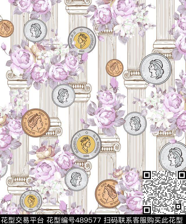 时尚大牌印花 - 489577 - 大牌 古钱币 花朵 - 数码印花花型 － 女装花型设计 － 瓦栏