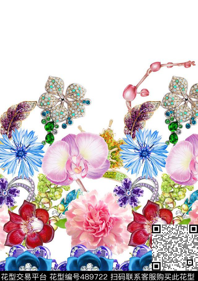 流行时尚宝石手绘花卉印花 -珠宝系列  - 489722 - MAX-珠宝花卉 宝石手绘花卉 流行时尚 - 数码印花花型 － 女装花型设计 － 瓦栏