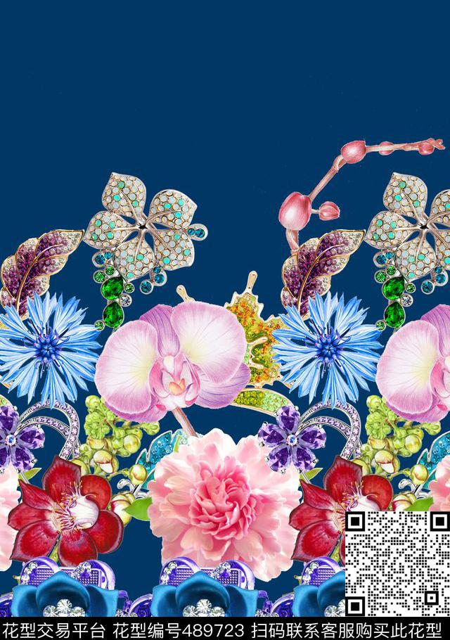 流行时尚宝石手绘花卉印花 -珠宝系列  - 489723 - MAX-珠宝花卉 宝石手绘花卉 流行时尚 - 数码印花花型 － 女装花型设计 － 瓦栏