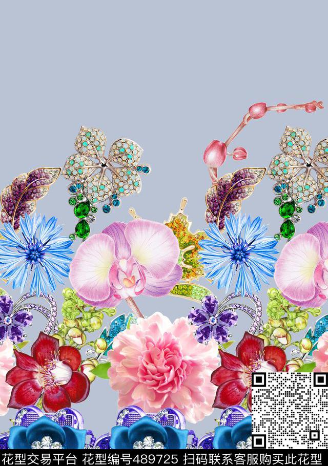 流行时尚宝石手绘花卉印花 -珠宝系列  - 489725 - MAX-珠宝花卉 宝石手绘花卉 流行时尚 - 数码印花花型 － 女装花型设计 － 瓦栏