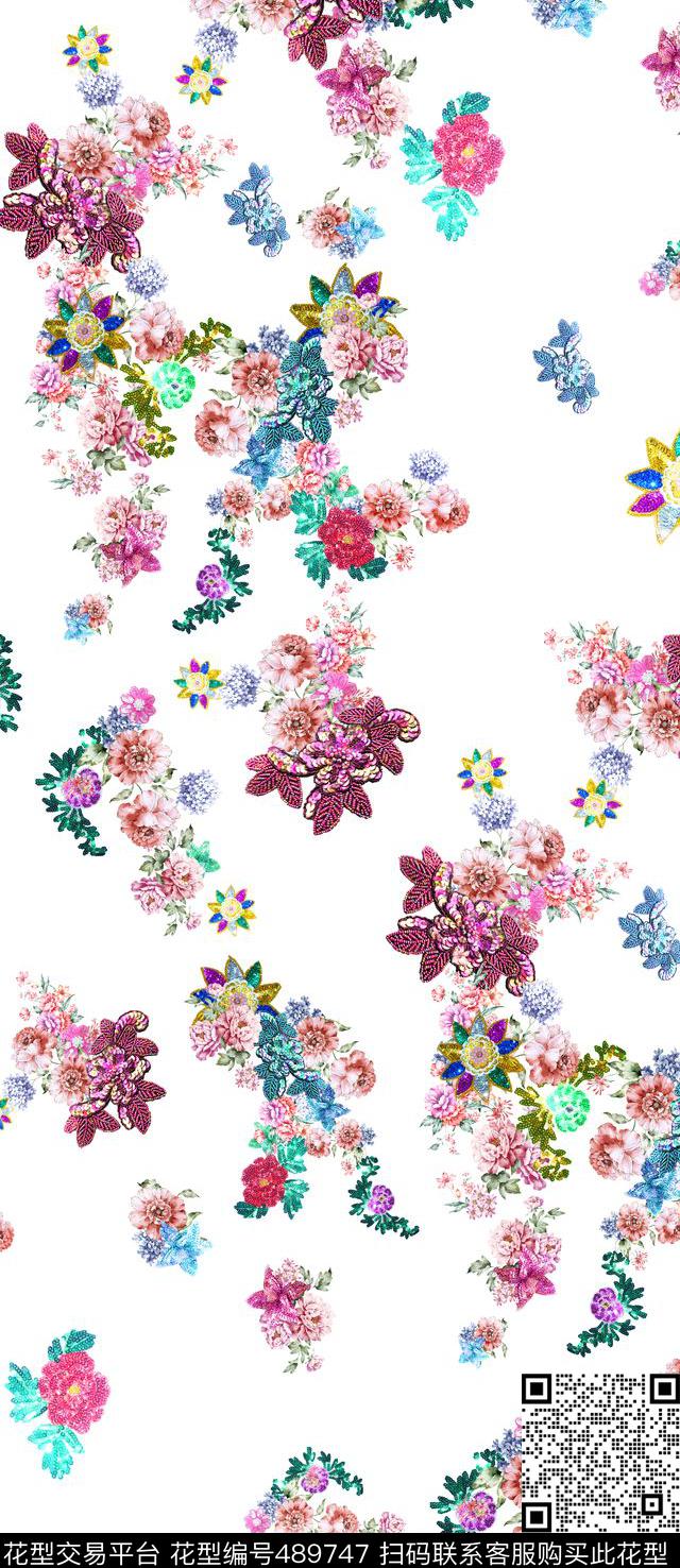 流行时尚手绘花卉珠片宝石印花 -珠宝系列  - 489747 - MAX-珠宝花卉 流行时尚 欧美 - 数码印花花型 － 女装花型设计 － 瓦栏