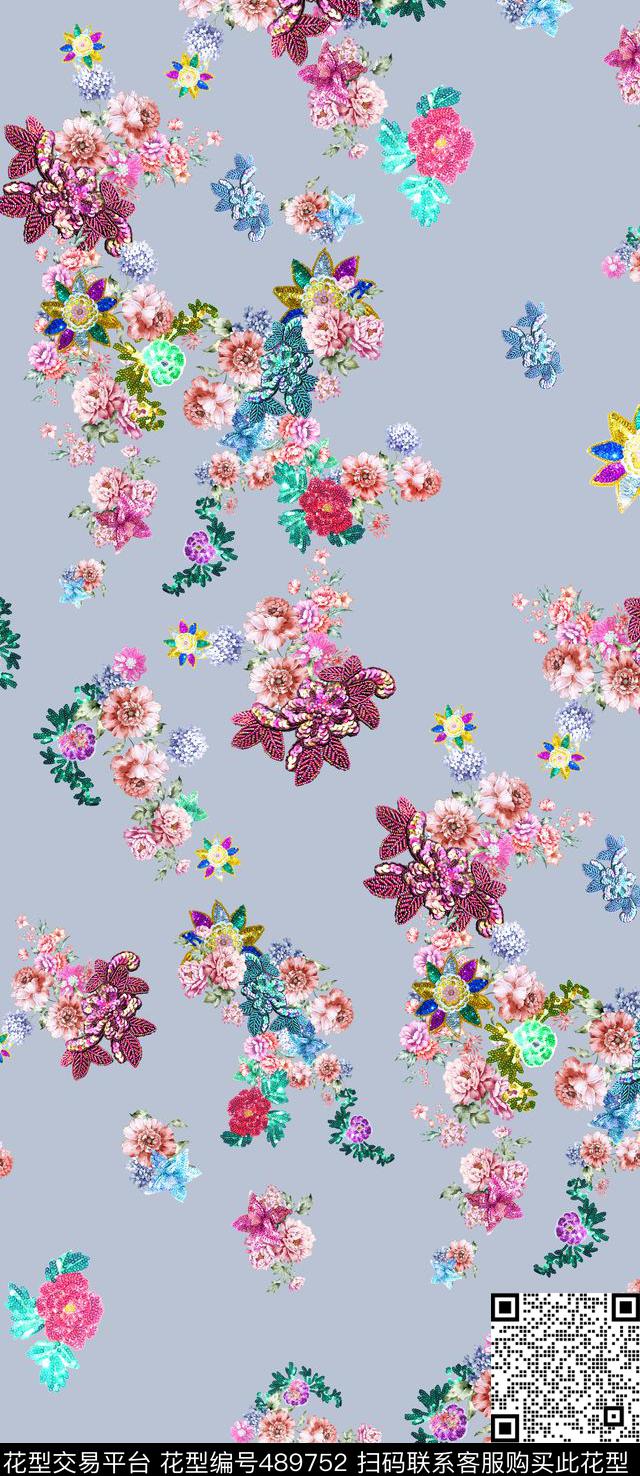 流行时尚手绘花卉珠片宝石印花 -珠宝系列  - 489752 - MAX-珠宝花卉 流行时尚 欧美 - 数码印花花型 － 女装花型设计 － 瓦栏