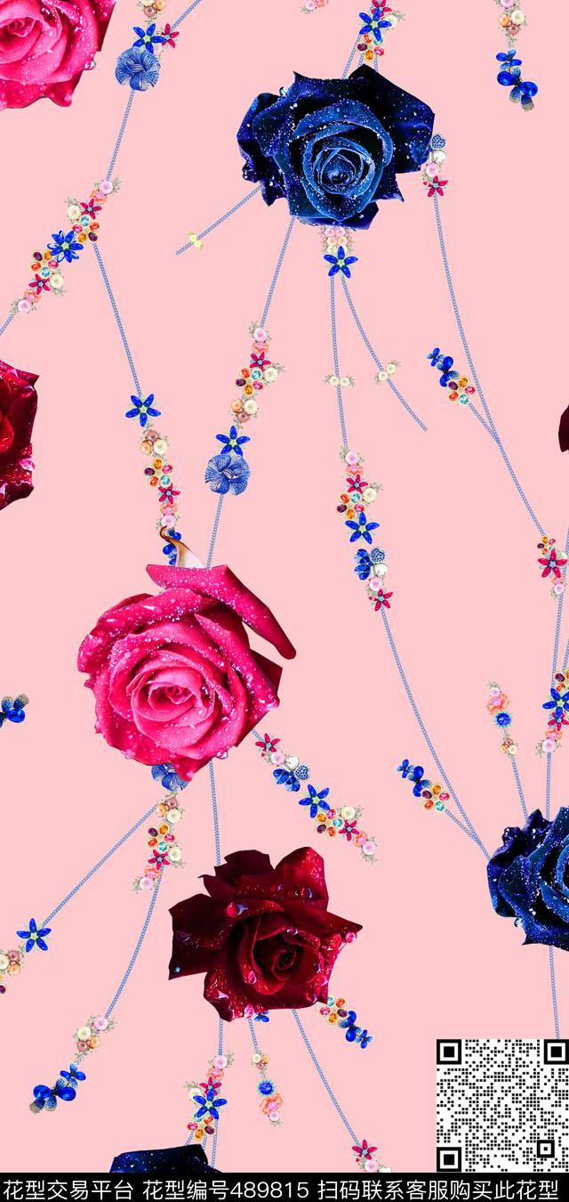 流行时尚水珠玫瑰珠宝宝石印花 -珠宝系列  - 489815 - MAX-珠宝花卉 流行时尚 欧美 - 数码印花花型 － 女装花型设计 － 瓦栏