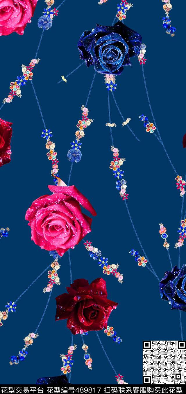 流行时尚水珠玫瑰珠宝宝石印花 -珠宝系列  - 489817 - MAX-珠宝花卉 流行时尚 欧美 - 数码印花花型 － 女装花型设计 － 瓦栏