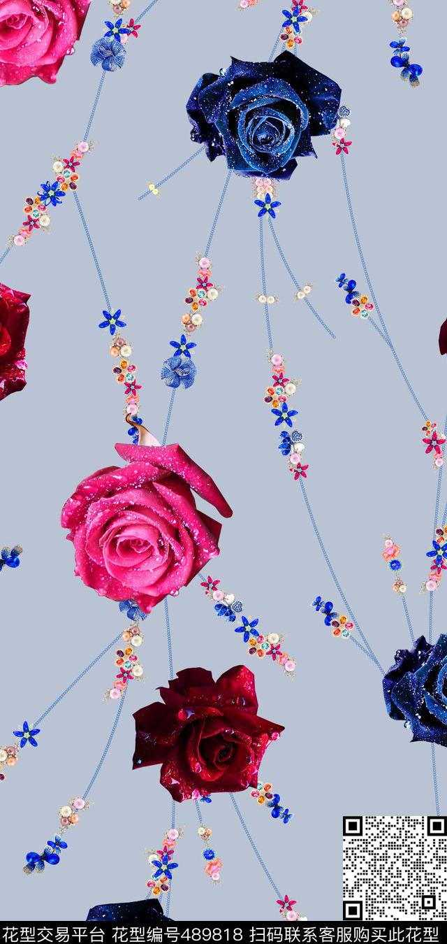流行时尚水珠玫瑰珠宝宝石印花 -珠宝系列  - 489818 - MAX-珠宝花卉 流行时尚 欧美 - 数码印花花型 － 女装花型设计 － 瓦栏