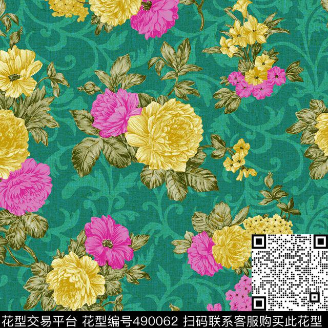 中国风团花花卉 - 490062 - 花卉 团花富丽 中国风 - 传统印花花型 － 床品花型设计 － 瓦栏