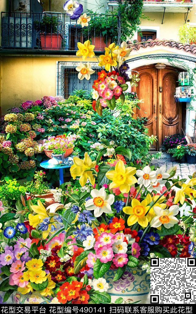 欧式时尚花卉风景 - 490141 - 风景 花卉 欧式 - 数码印花花型 － 女装花型设计 － 瓦栏