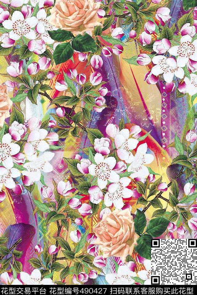 原创精品写意花卉印花 - 490427 - 花卉 潮流大牌 欧美手绘桃花。抽象传统花纹底纹 - 数码印花花型 － 其他花型设计 － 瓦栏