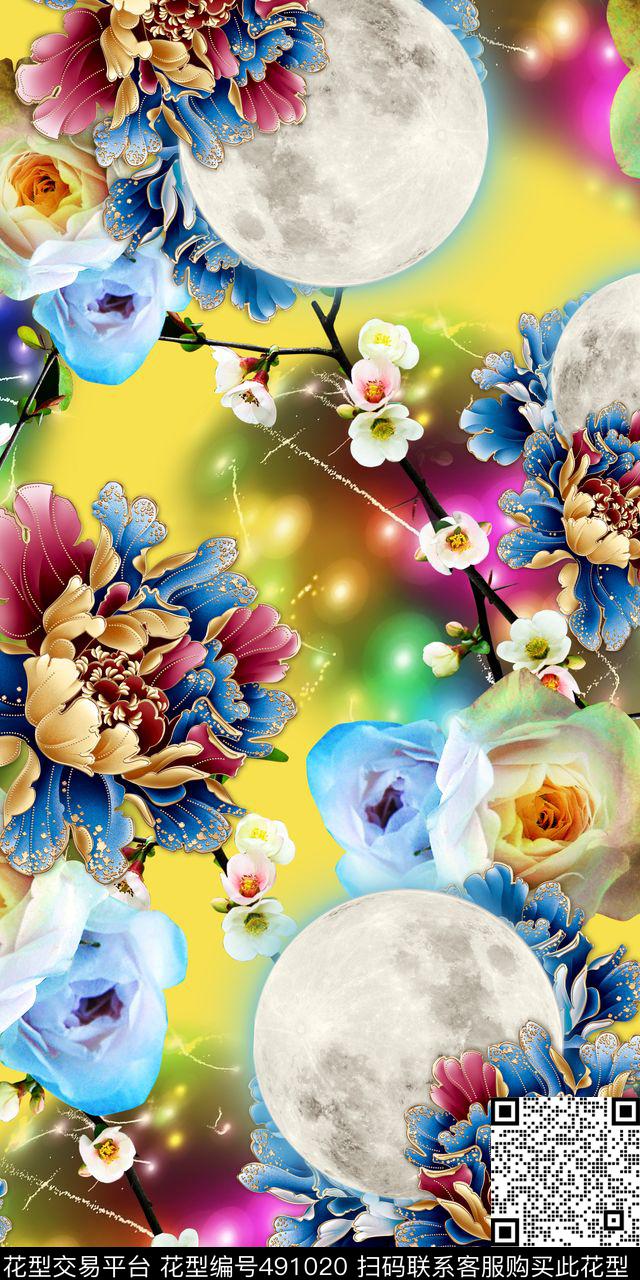 时尚数码女装花卉（花好月圆） - 491020 - 数码 月亮 花卉 - 数码印花花型 － 女装花型设计 － 瓦栏