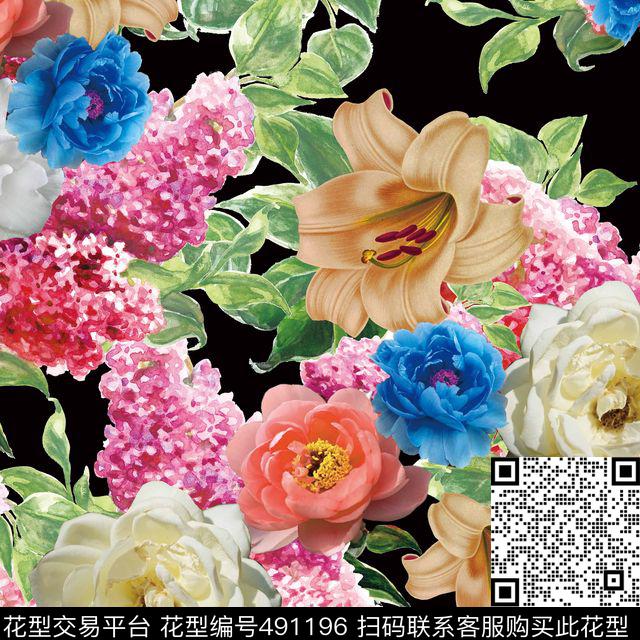 欧美时尚潮流花卉组合印花 - 491196 - 花卉 潮流大牌 写意花卉 - 数码印花花型 － 其他花型设计 － 瓦栏