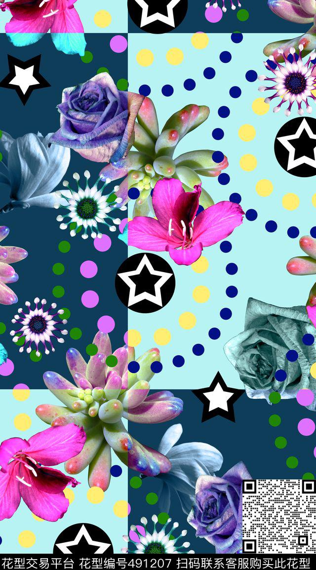 来个惊艳的花卉创意组合 - 491207 - 花卉创意组合 花卉、几何、色块 拼接组合 - 数码印花花型 － 女装花型设计 － 瓦栏