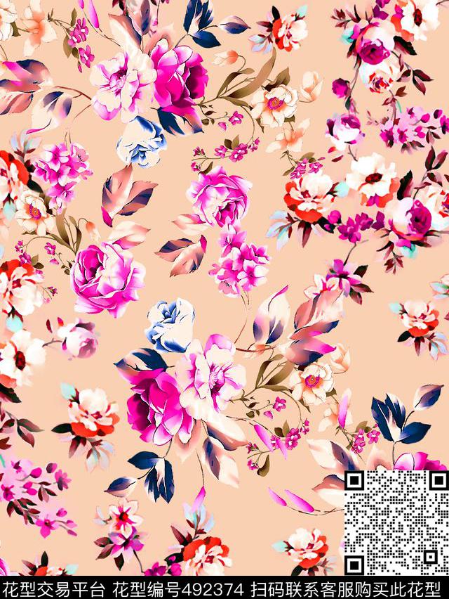 花卉花朵 - 492374 - 简单 清爽 花卉 - 数码印花花型 － 女装花型设计 － 瓦栏