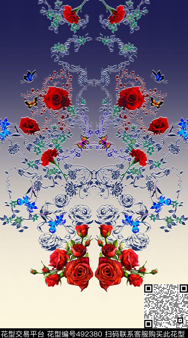 定位花卉花朵欧式花纹 - 492380 - 定位 对称 花卉 - 数码印花花型 － 女装花型设计 － 瓦栏