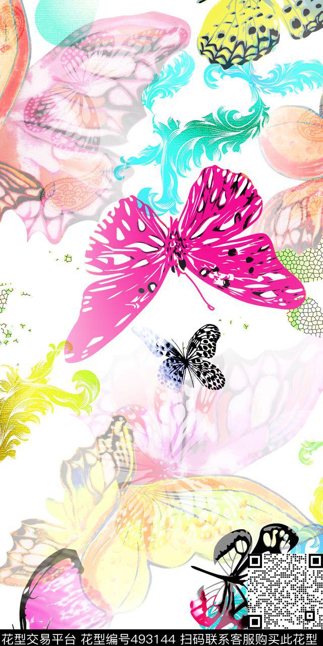 蝴蝶花 - 493144 - 抽象 蝴蝶 标本样式 - 数码印花花型 － 女装花型设计 － 瓦栏