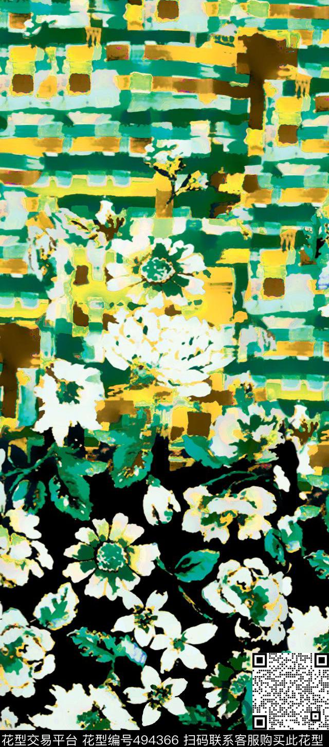 原创时尚花卉笔触花型 - 494366 - 原创 优雅 花卉 - 数码印花花型 － 女装花型设计 － 瓦栏