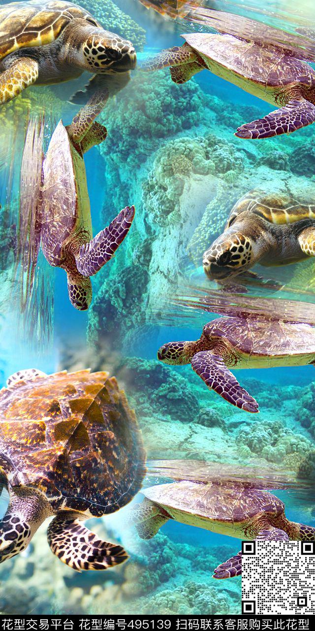 蓝色海龟 - 495139 - 时尚 海龟 炫彩 - 数码印花花型 － 女装花型设计 － 瓦栏