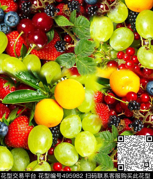 水果摇篮 - 495982 - 水果 草莓 蓝莓 - 数码印花花型 － 女装花型设计 － 瓦栏