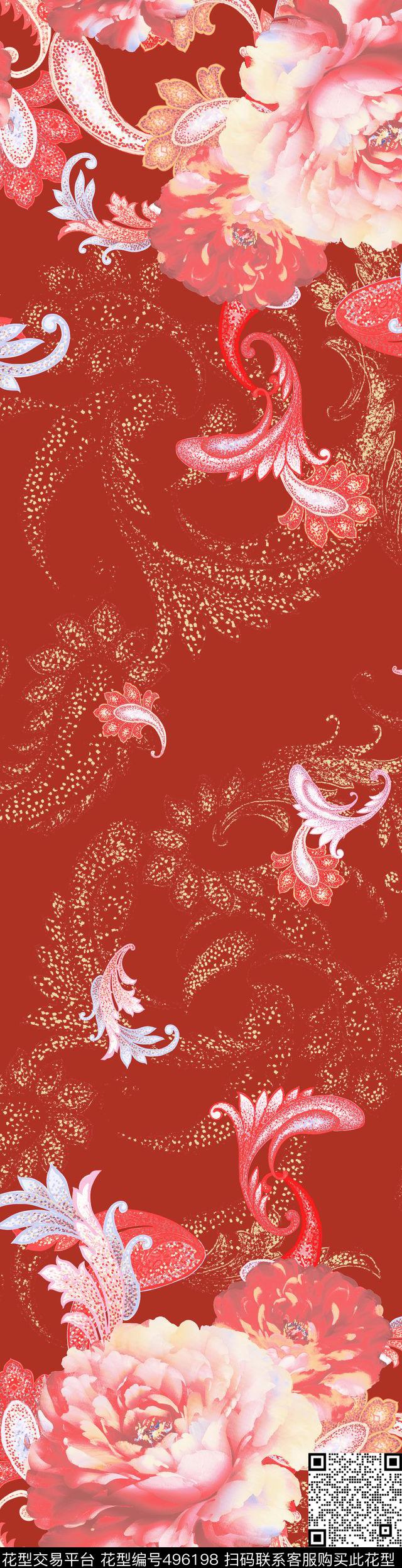 艺术家纺系列 - 496198 - 时尚 花卉 火腿纹 - 数码印花花型 － 床品花型设计 － 瓦栏