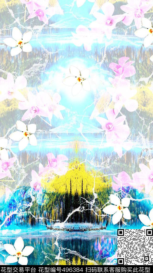 梦幻蓝色湖光山色背景底色花卉组合印花 - 496384 - 时尚写意 风景 兰花 - 数码印花花型 － 女装花型设计 － 瓦栏