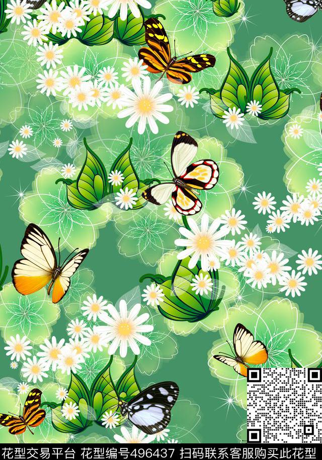 清新花蝶 - 496437 - 花卉 休闲 蝴蝶 - 数码印花花型 － 女装花型设计 － 瓦栏