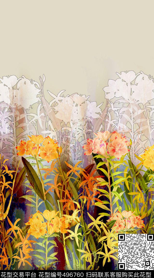 定位花卉渐变组合 - 496760 - 定位 花卉 渐变 - 数码印花花型 － 女装花型设计 － 瓦栏