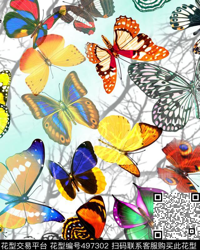 蝴蝶花 - 497302 - 小动物 蝴蝶 抽象 - 数码印花花型 － 床品花型设计 － 瓦栏