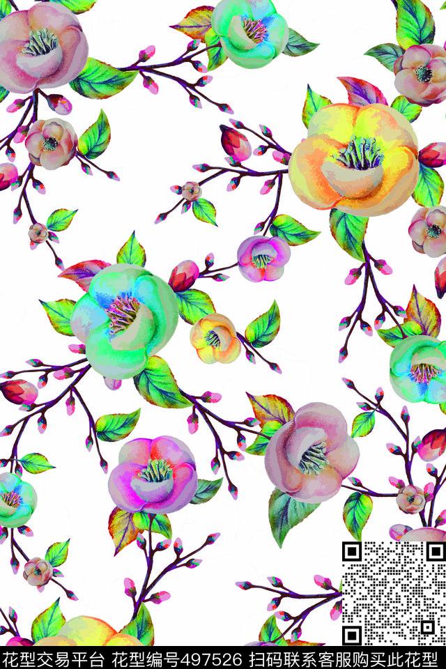 欧美复古时尚潮流水彩花卉印花 - 497526 - 花卉 潮流时尚大牌 欧美手绘水彩花卉 - 数码印花花型 － 其他花型设计 － 瓦栏