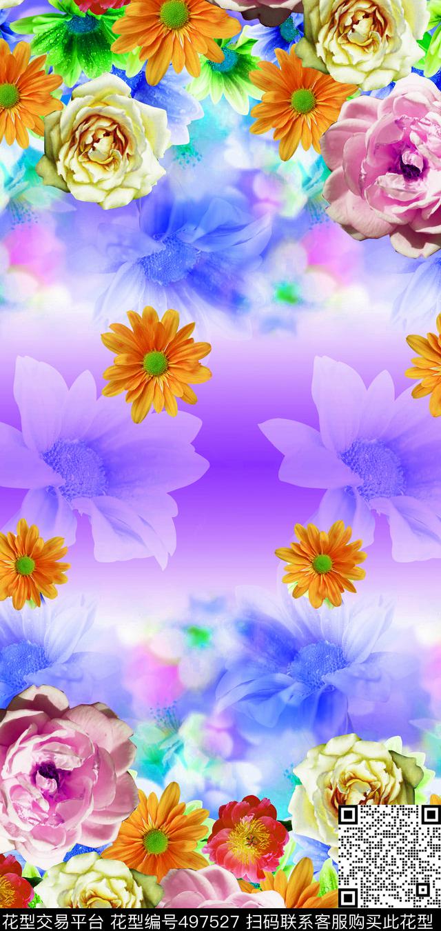 欧美复古时尚潮流水彩花卉印花 - 497527 - 花卉 潮流时尚大牌 手绘水彩花卉 - 数码印花花型 － 其他花型设计 － 瓦栏