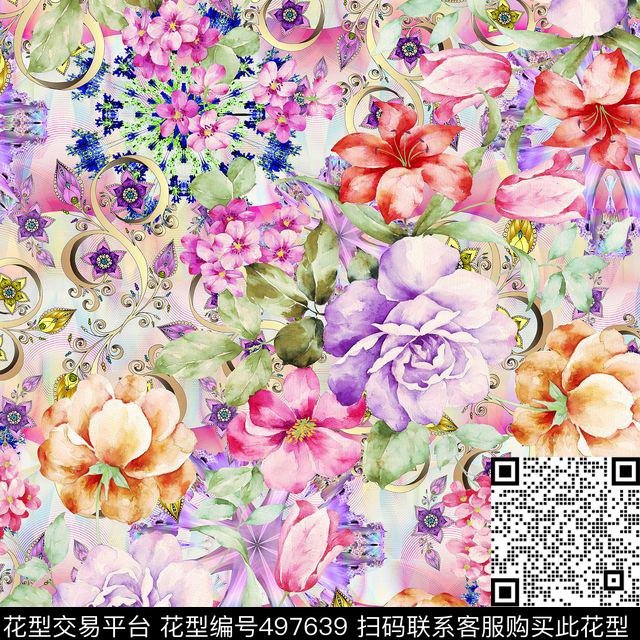 花卉 - 497639 - 时尚 数码 1色 - 数码印花花型 － 床品花型设计 － 瓦栏