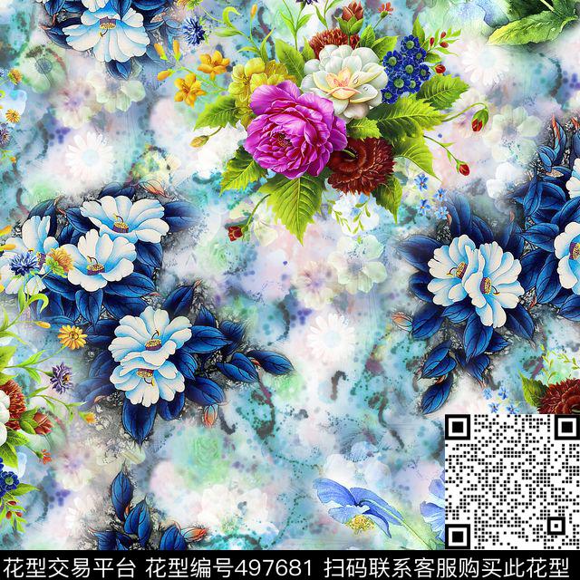 青花花卉 - 497681 - 素雅 数码 1色 - 数码印花花型 － 床品花型设计 － 瓦栏