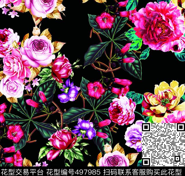 叶子 大花手绘中国风 - 497985 - 时尚 手绘花 中国 - 数码印花花型 － 女装花型设计 － 瓦栏