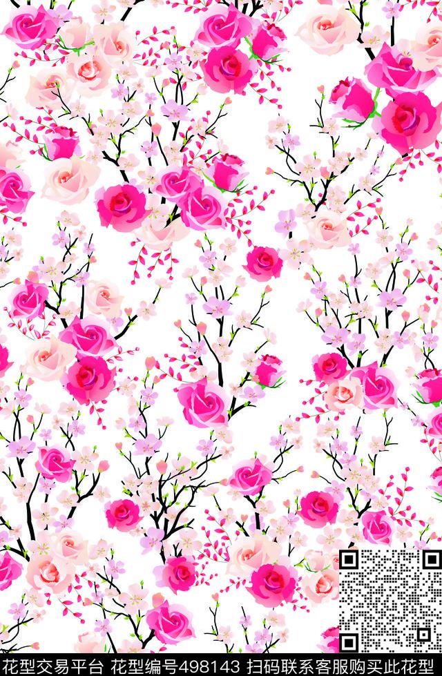 玫与梅 - 498143 - 玫瑰 梅花 时尚 - 传统印花花型 － 女装花型设计 － 瓦栏