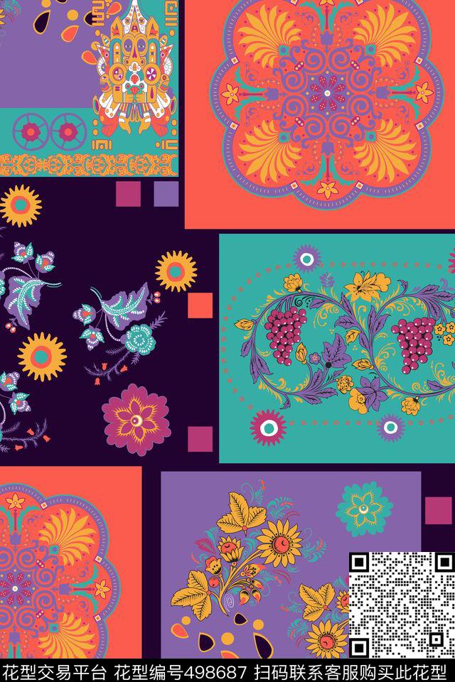 时尚手绘几何花卉 - 498687 - 花卉 几何 时尚 - 传统印花花型 － 女装花型设计 － 瓦栏