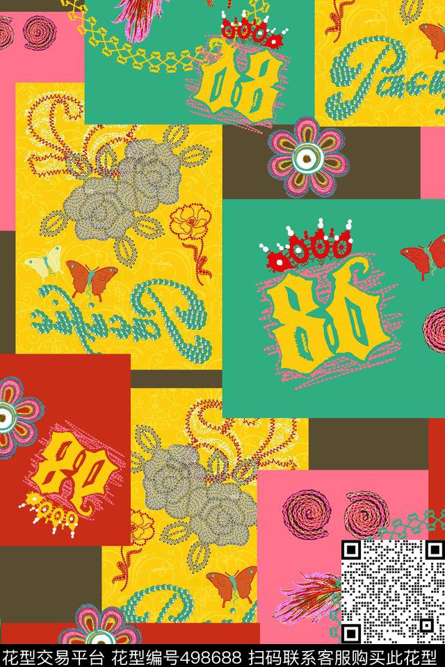 时尚手绘几何花卉 - 498688 - 花卉 几何 时尚 - 传统印花花型 － 女装花型设计 － 瓦栏