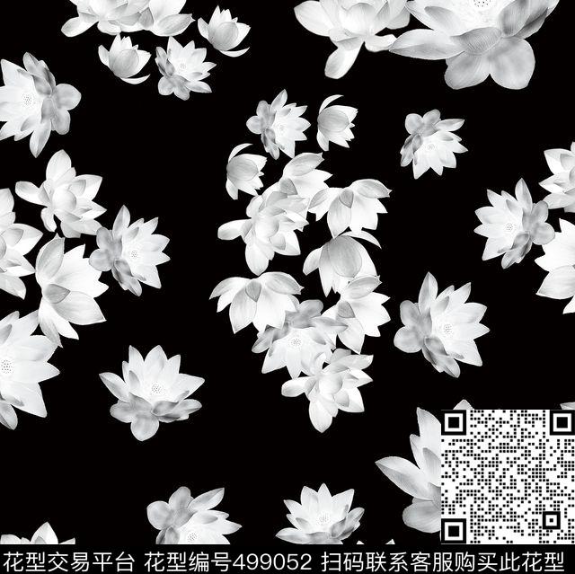黑白荷花 - 499052 - 1色 数码 素雅 - 传统印花花型 － 女装花型设计 － 瓦栏