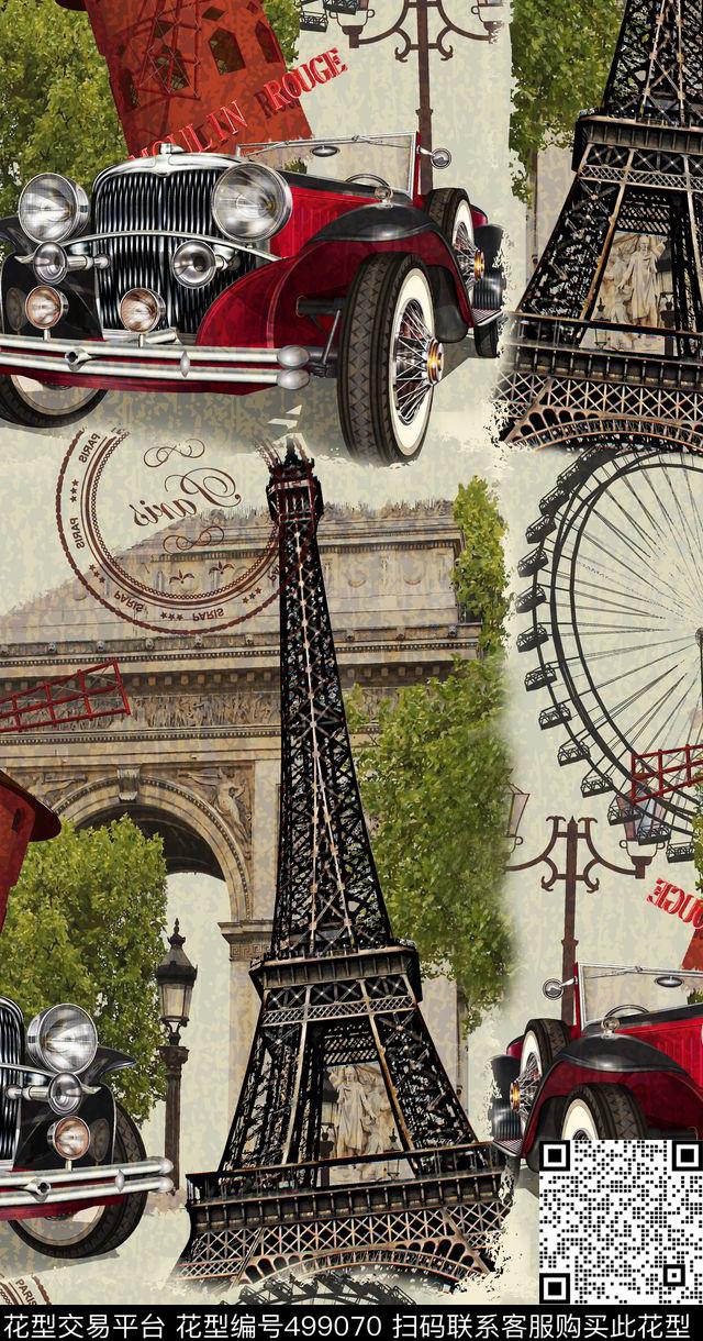 印象巴黎 埃菲尔铁塔 凯旋门   摩天轮 汽车 - 499070 - 埃菲尔铁塔 风景景观 古董汽车 - 数码印花花型 － 女装花型设计 － 瓦栏