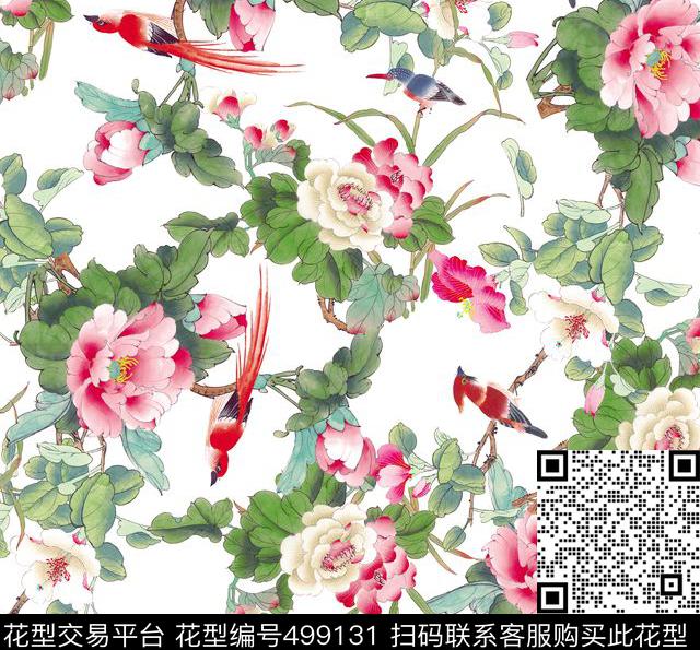 花卉与鸟 - 499131 - 时尚 数码 1色 - 数码印花花型 － 女装花型设计 － 瓦栏